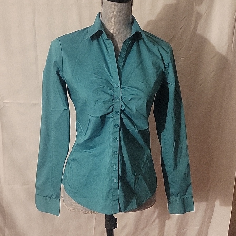 Van Heusen Stretch Teal Blue Rouched Button Down Long Sleeve Shirt - Size: S